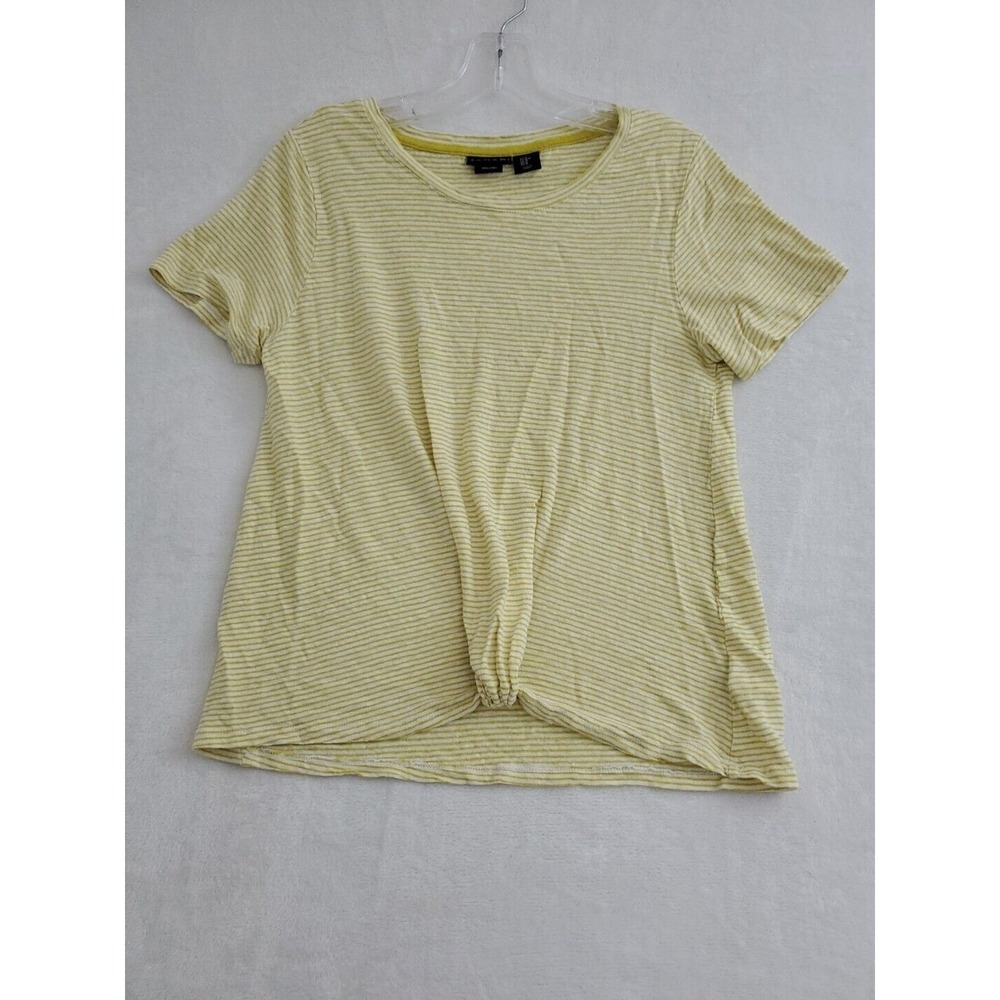 Tahari Linen Shirt Womens Medium Yellow White Striped Short Sleeve Knot Front